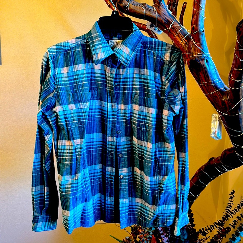 Flannel, turquoise, medium, slightly worn women’s shirt